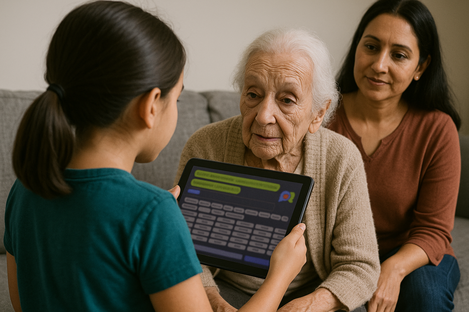 Elderly person using AAC device with family