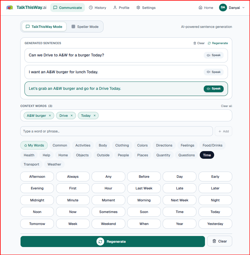 TalkThisWay Mode showing A&W burger request